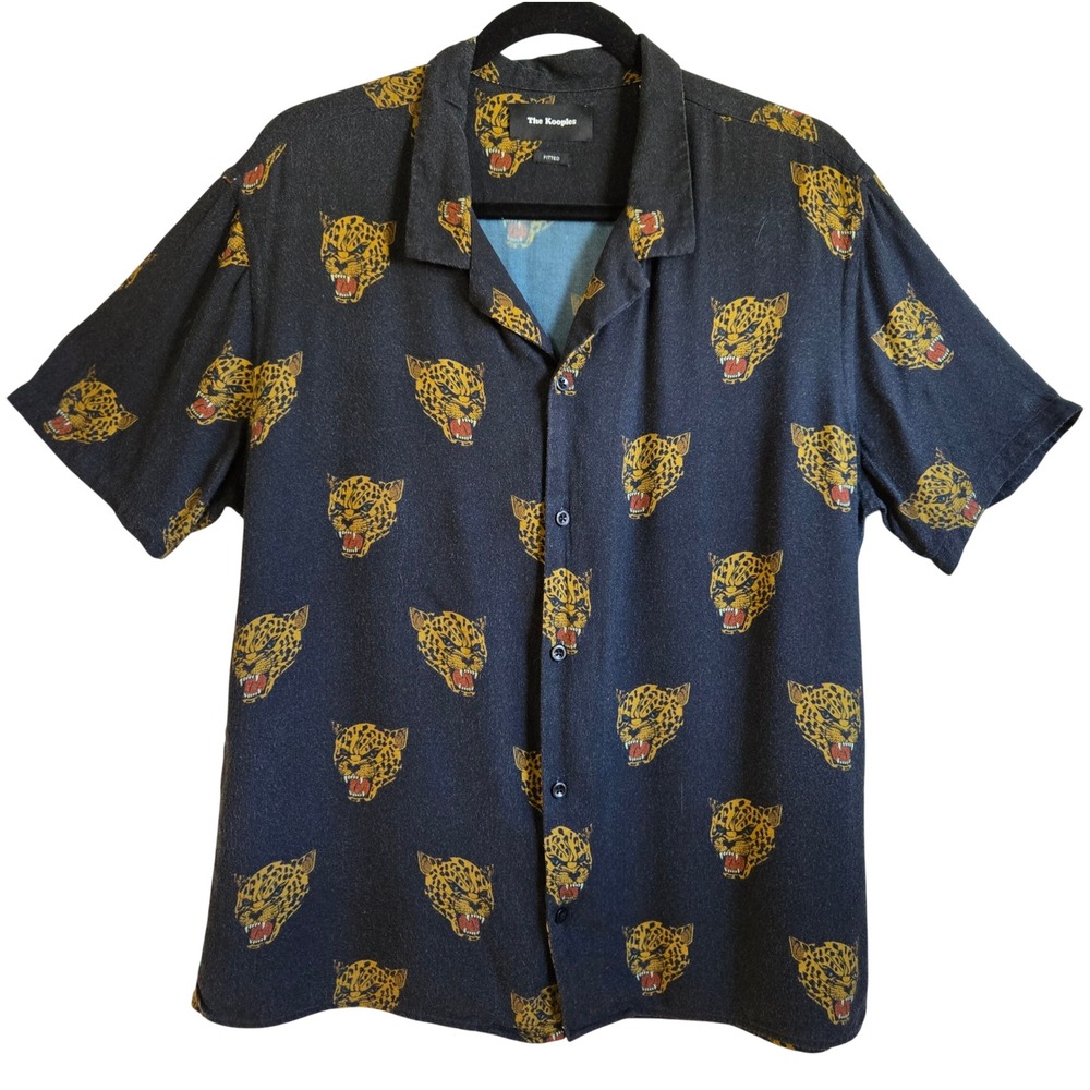 The Kooples Mens Leopard Jaguar Head Print Fitted Viscose Camp Shirt Black M
